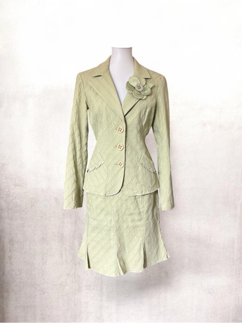 Nanette Lepore Sage Green Textured Skirt Suit Set Size 10 Cottagecore Romantic